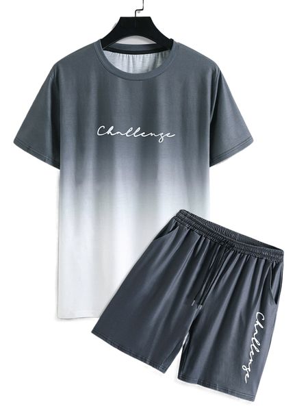 

men letter graphic ombre tee & drawstring waist shorts c6co#, Gray