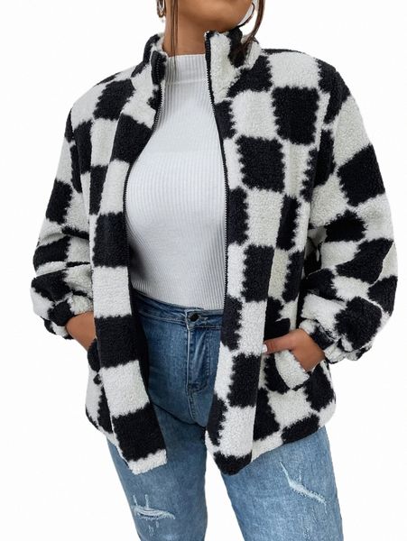 

plus plaid pattern drop shoulder teddy jacket 74b2#, Black