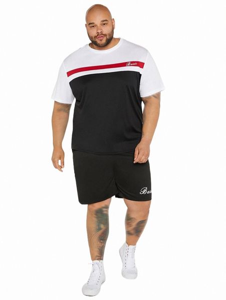 

extended sizes men color block letter graphic tee & shorts w1k1#, Gray