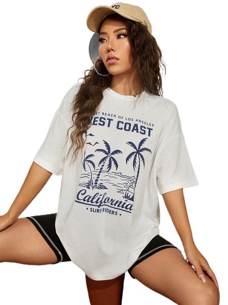 

tropical & letter graphic drop shoulder tee e2yd#, White