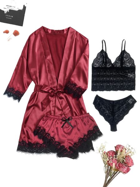 

4pack floral lace satin lingerie set & belted robe y74n#, Black;red