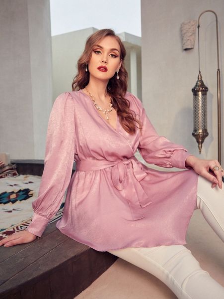 

plus puff sleeve hanky hem belted blouse j1be#, Black