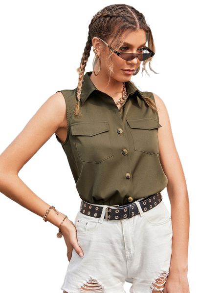 

flap pocket solid sleeveless blouse k4hs#, White