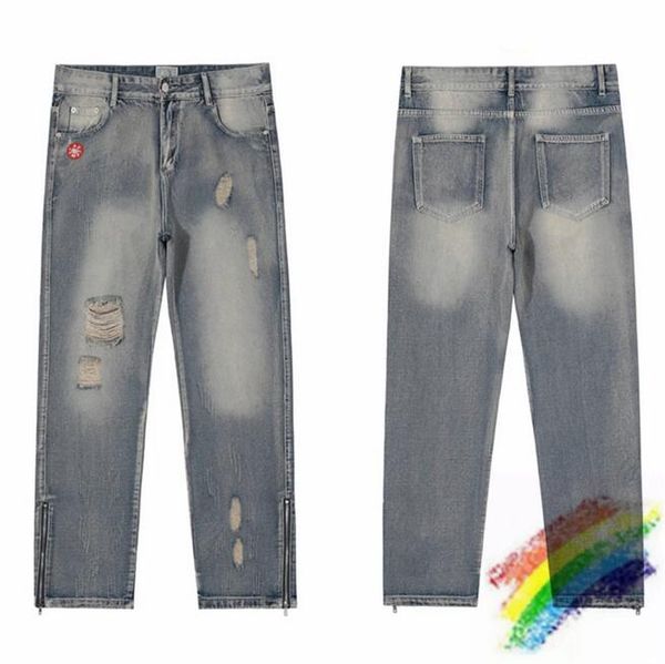 

washed jeans men women 1 zipper hole jeans trouser, Blue