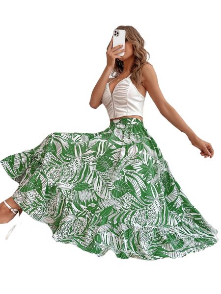 

tropical print ruffle hem skirt w9db#, Black