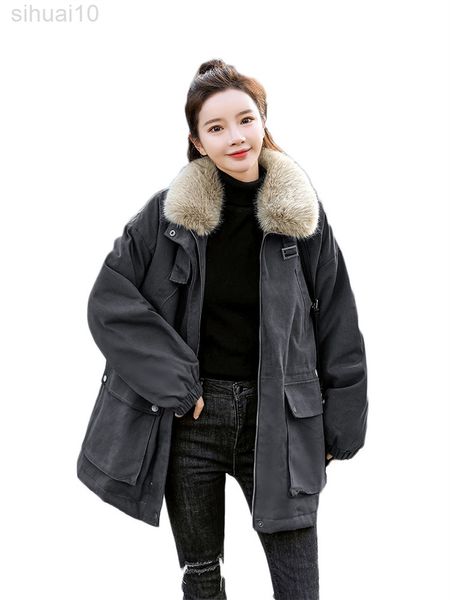 Inverno novo colar de pele de estilo coreano espessado de jeans de algodão Mulheres All-Match Tool de comprimento médio Parka Jaqueta feminina L220730