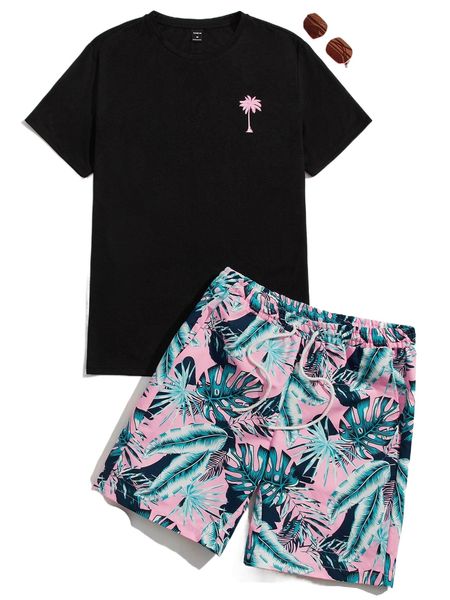 

men coconut tree print tee & tropical print drawstring waist shorts l3nu#, Gray