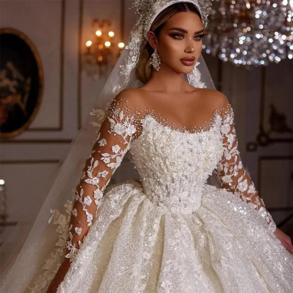 Arabia Vintage Ball Gown Abiti da sposa 2022 Applique in pizzo Perline Robe de Mariage Sheer manica lunga Sparkle vestido de novia