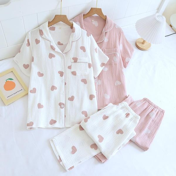 

3 colors spring womens sleepwear summer pajamas for women 100 cotton crepe love print homewear set simple fresh two piece, Black;red