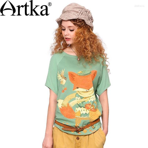 Camiseta feminina Artka 2014 Springsummer Colored Impresso Skin Friendly Pale de algodão O-gola verde Ta10542xwomen Phyl22