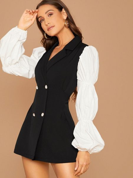 

contrast lantern sleeve double breasted blazer dress f40s#, White