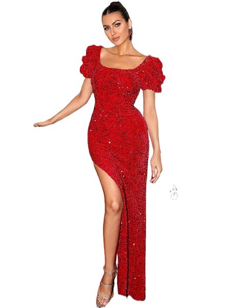 

missord puff sleeve split thigh sequin formal dress 01om#, Black;gray