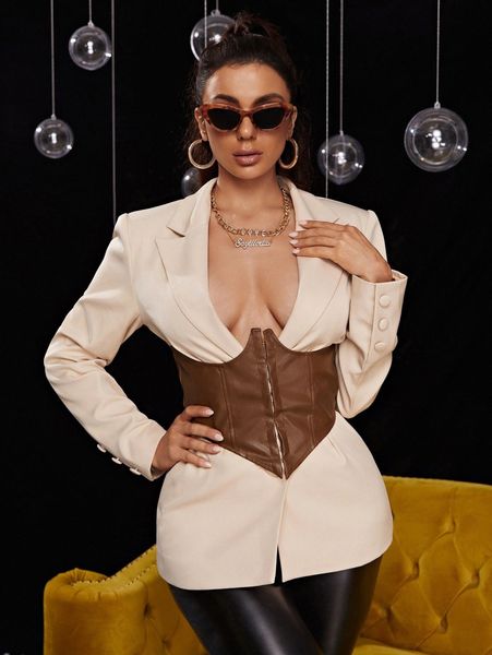 

sxy lapel neck hook and eye corset waist blazer p7dm#, White