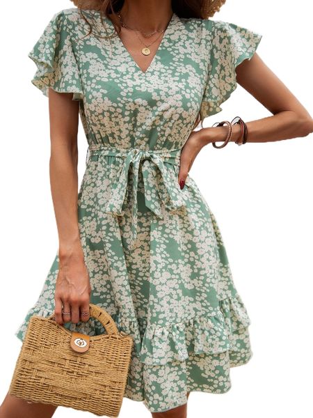 

butterfly sleeve ruffle hem floral print belted dress y103#, Black;gray