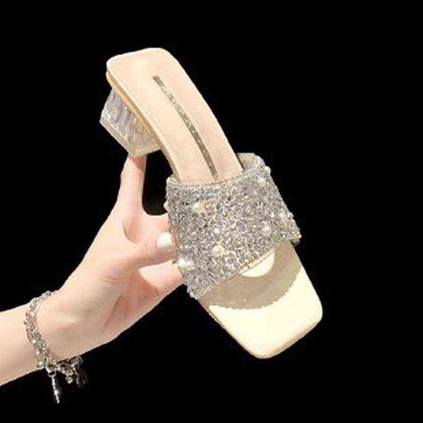 Pantofole Donna Estate Sandali da donna di nuova moda 2022 Pantofole esterne Perla brillante Scarpe col tacco medio con tacco medio G220518