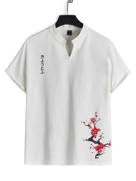 

men japanese letter & floral print popover tee c6kc#, White;black