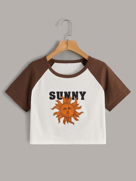 

sun & letter graphic contrast raglan sleeve tee f7tg#, White