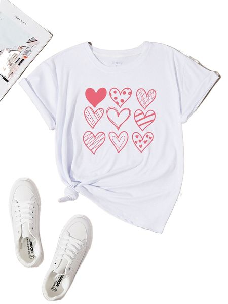 

heart print round neck tee z1jl#, White