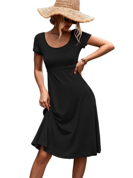 

solid round neck dress w7h5#, Black;gray