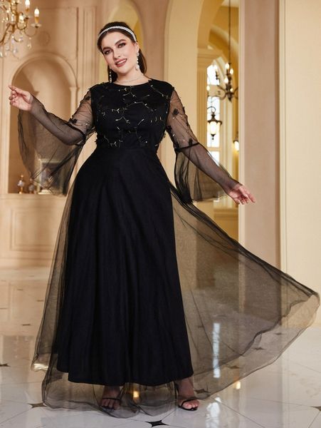 

plus plant embroidery mesh flounce sleeve maxi dress r4ar#, Black