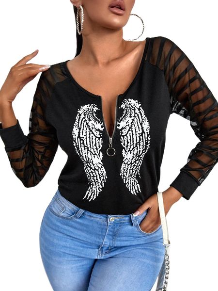 

sxy wings print zipper detail contrast mesh sleeve sweatshirt a9qm#, Black