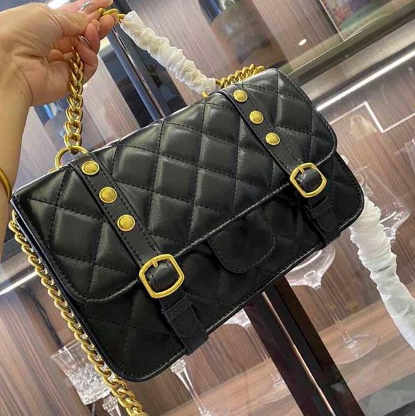 

tz womens black cowhide mini crossbody bags flap rivets decoration golden handle handbags leather chains classic handbag metal sequined shou