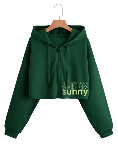 

letter graphic drop shoulder zip up drawstring zipper thermal hoodie w7p8#, Black