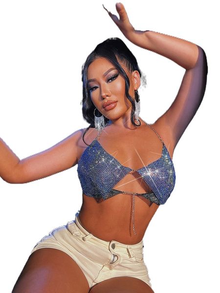 

chain strap backless crop metallic halter a3fy#, White