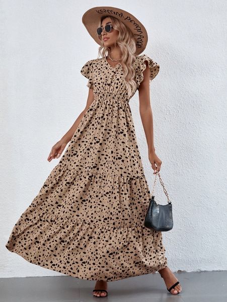 

allover print ruffle hem v-neck a-line dress a8ug#, Black;gray