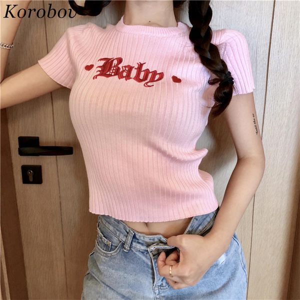 

korobov pink knitted t shirts woman short baby embroidery loving heart tee summer short sleeve o-neck t-shirts 35600, White