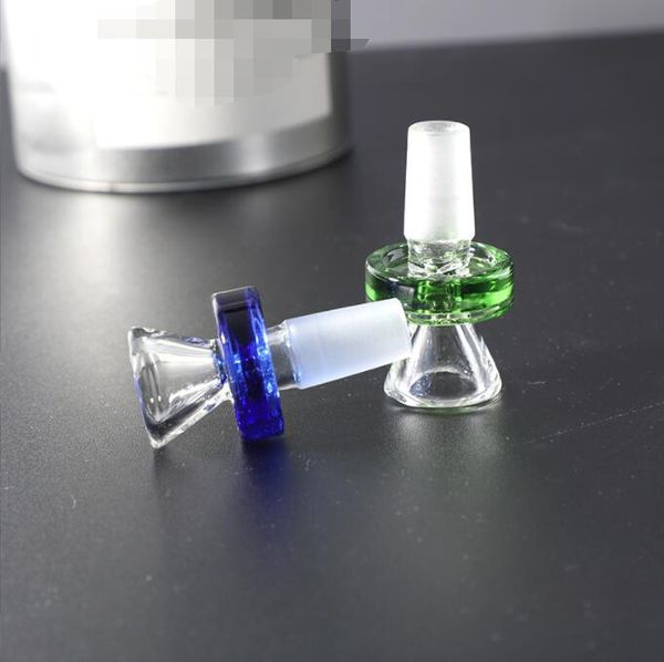 Neueste Farbe Glas Shisha Schüssel Trichter Rauchen Rohre Zubehör mit rundem Griff Trockenkräuter 14mm 18mm männlich für Wasser Bong Werkzeug Bohrinseln