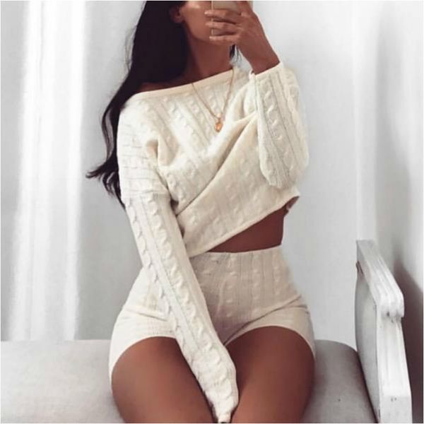 

women two piece set knitted long sleeve crop and bodycon shorts suit 2 piece set women outfits, White