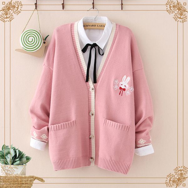 

autumn korean mori girl sweet lolita cute bunny embroidery knitted sweater japanese women long sleeve cardigan coat knitwear 220809, White
