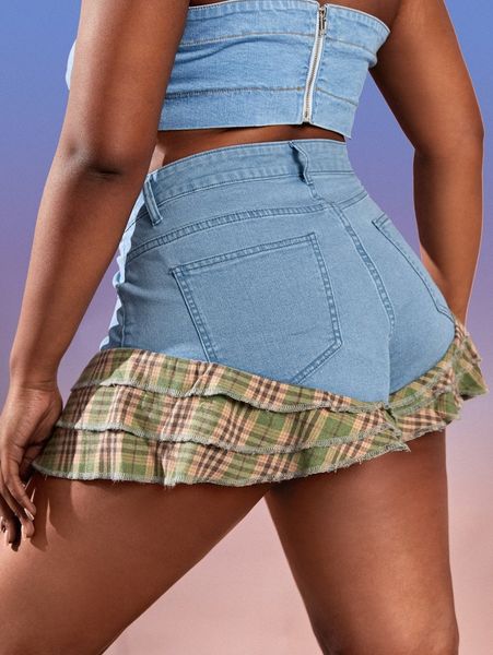 

sxy plus plaid print layered hem denim shorts 28a9#, White;black