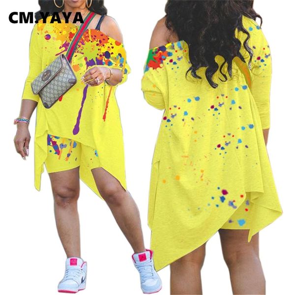 

cm yaya summer loose sets women three quarter sleeve skew collar long t shirts sheath elastic short pants 2 piece set streetwear 220616, Black;gray