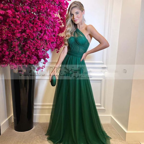

elegant green formal evening dresses one shoulder tulle floor length prom gowns zipper back with bow robe de soiree, Black;red