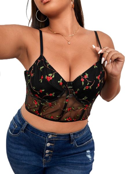 

plus floral embroidery mesh insert bustier crop cami o8dw#, Black