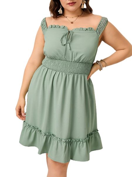 

plus tie front shirred waist ruffle hem dress r36c#, Black