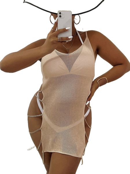 

plus chain detail cover up dress without bikini r34w#, Black