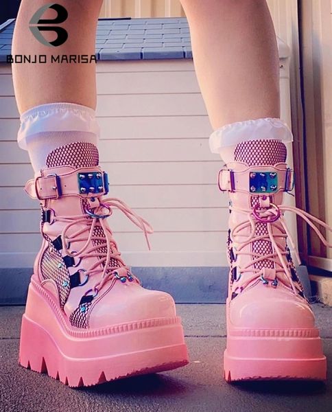 

bonjomarisa ins brand platform designer goth combat boots for women punk zipper pink black autumn mesh fashion womens 220815