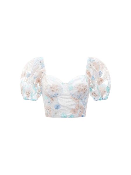 

mod floral embroidery mesh puff sleeve blouse w2tk#, White