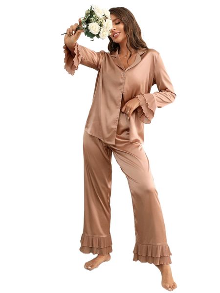 

notch collar satin blouse and ruffle hem pants pj set b1g9#, Black;red