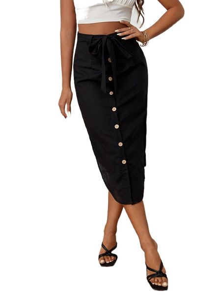 

solid b.utton f.ront b.elted bodycon s.kirt a945#, Black
