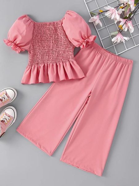 

toddler girls shirred puff sleeve peplum & wide leg pants she, White