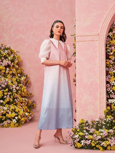 

ombre contrast collar puff sleeve dress q7cp#, Black;gray