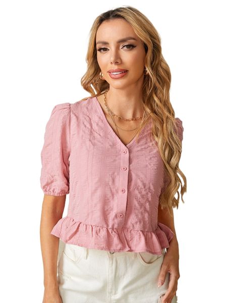 

puff sleeve button front peplum blouse p79p#, White