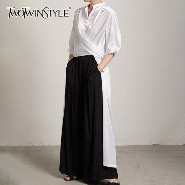 

minimalist loose dress for women stand collar short sleeve casual white dresses female fashion clothing 210423, Black;gray