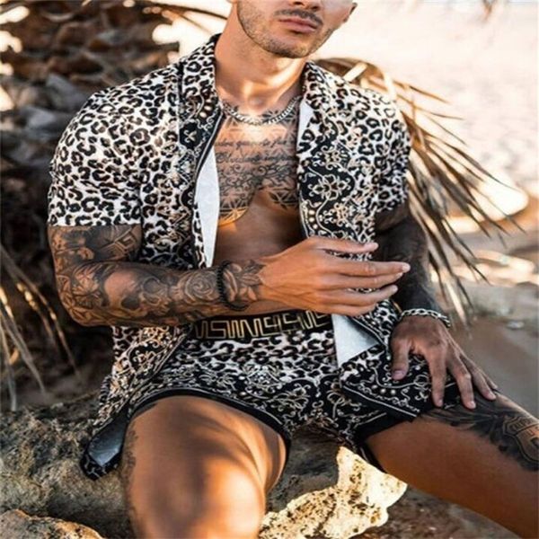 

mens shirt summer fashion mens lapel suit button shirt casual leopard print digital printing short sleeve beach suit 220617, White;black