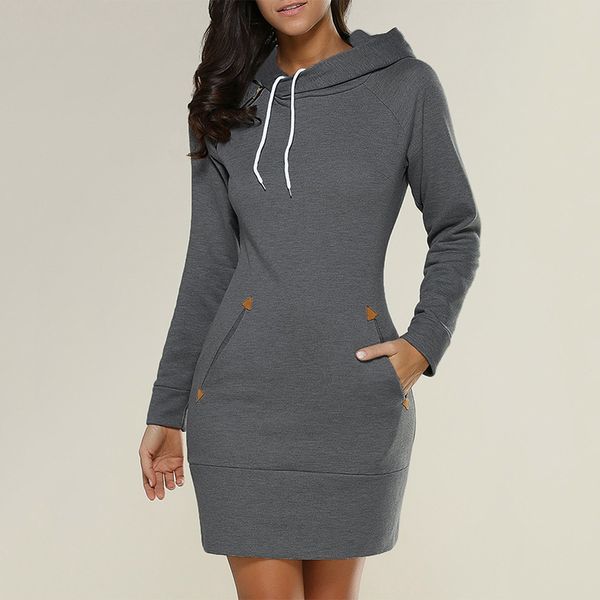 Frühlings- und Herbst Ladies Knie Länge Kleid mit Kapuze warm war warmes Sweatshirt Langarm Camp Camp Camp Tasche Einfacher Freizeitsport 220521