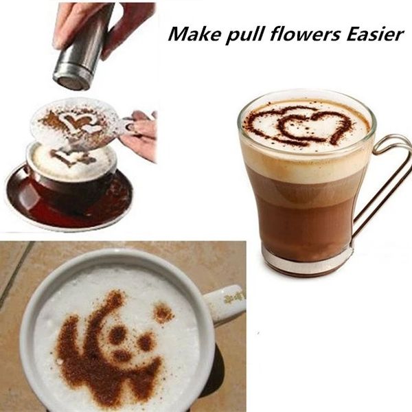 Sublimação 16 pcs Mold Molde de Café Bolo Cupcake Stencil Modelo de Coffees Barista Cappuccino Template Modelo de Strew Duster Spray Ferramentas